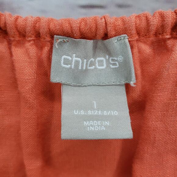 Chico's 100%Linen V-Neck Gold Lace Front Detail 3/4 Sleeve Top Size 1 - Picture 8 of 15